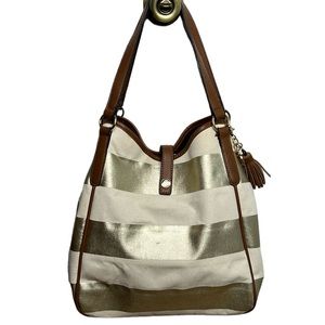 3 for $20 TOMMY HILFIGER Metallic Gold and Ivory Striped Expandable Canvas Purse